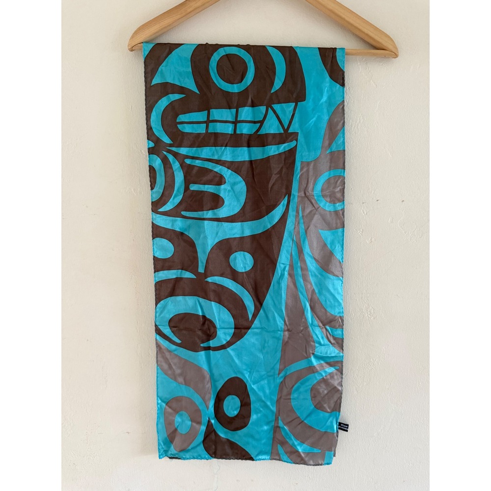 Native Northwest 100% Silk Scarf Indigenous Art Blue Brown Rectangle 13x54